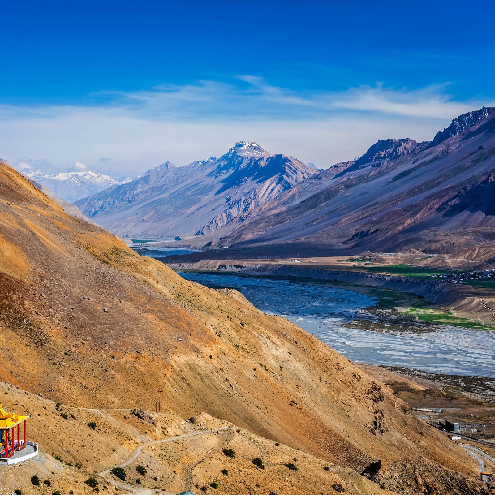 Snow-dusted Himalayan peaks above a winding river in Spiti Valley