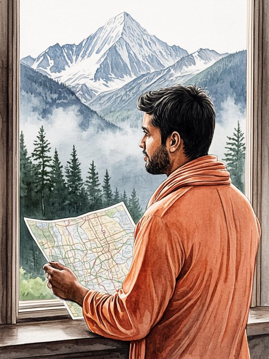 Watercolour illustration of founder Anil Kumar looking over the Manali valley